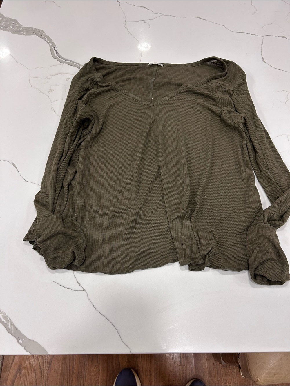 Free People Olive V-Neck Waffle-Knit Long Sleeve Top